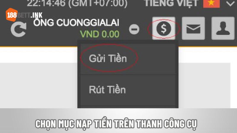 Chọn mục nạp tiền trên thanh công cụ